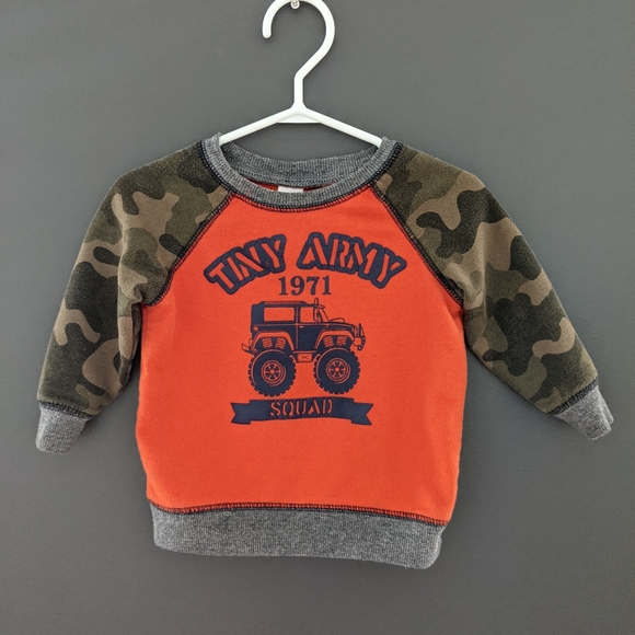 Orange camo "Tiny Army squad" crew neck sweatshirt